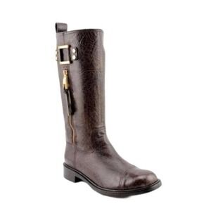 TORY BURCH Stowe Moto Brown Pebbled Leather Mid Tall Pull On Boots Size 9